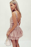 Unique Sleeveless Tulle Homecoming Cocktail Dresses with Appliques Mini Prom Dresses N1899
