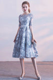 A Line Gray Blue Half Sleeves Tulle Homecoming Dresses