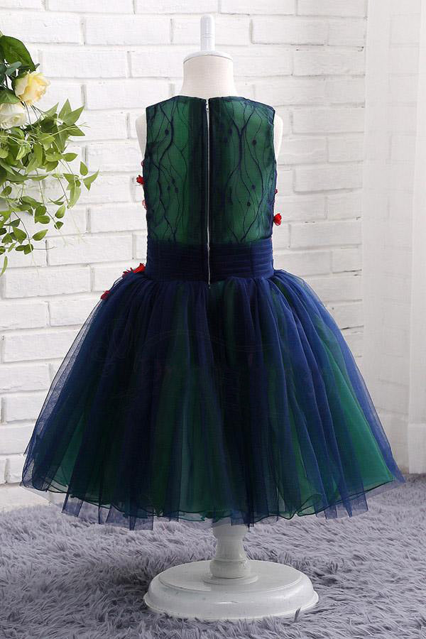 A Line Sleeveless Cute V-Neck Tulle Flower Girl Dresses with Red Appliques F056