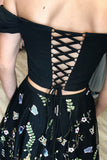 Black Two Piece Off Shoulder Homecoming Dresses with Flowers Knee Length Black Dresses N1820