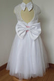 A Line Floor-length White Lace Tulle Flower Girl Dress with Pink Bow Sash F023