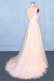 Peach V-Neck Sleeveless Tulle A Line Prom Dresses Straps Tulle Evening Dresses N2329