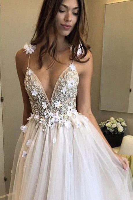 Deep V-Neck Beading Straps Tulle Appliqued Beach Wedding Dress
