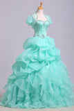 Puffy Sweetheart Organza Floor Length Prom Dresses with Sequins Quinceanera Dresses N1202