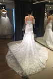 White Trumpet Strapless Lace Tulle Court Train Wedding Dress,Lace Bridal Dresses,N470
