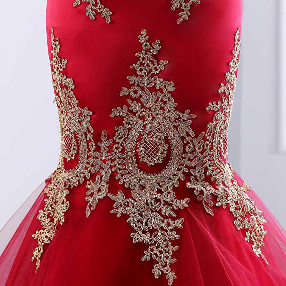 Floor Length Sweetheart Mermaid Red Prom Dresses Gold Appliqued Long Evening Dresses N1233