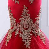 Floor Length Sweetheart Mermaid Red Prom Dresses Gold Appliqued Long Evening Dresses N1233