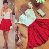 Red Lace Short Sleeve Homecoming Dresses