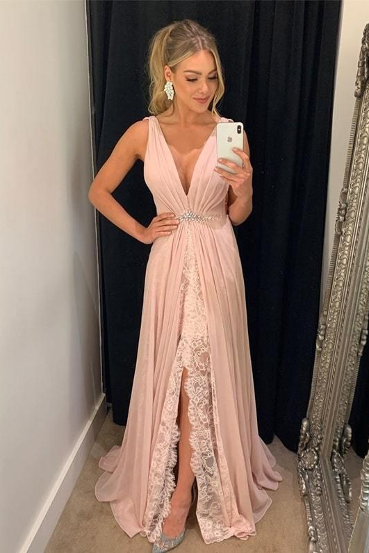 V-Neck A Line Chifon Formal Evening Dresses Pink Long Front Split Prom Dresses