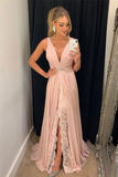 V-Neck A Line Chifon Formal Evening Dresses Pink Long Front Split Prom Dresses
