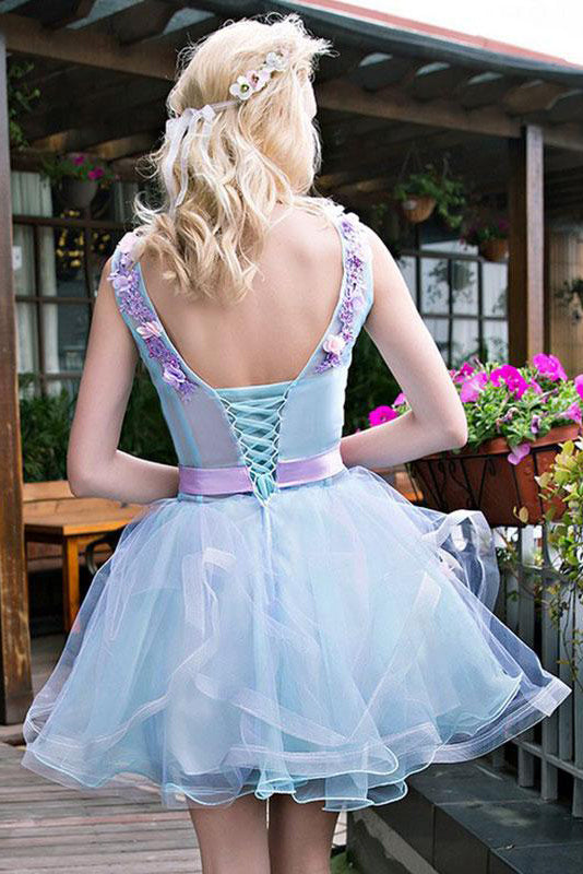 Light Blue Tulle Short Homecoming Dresses with Lilac Appliques