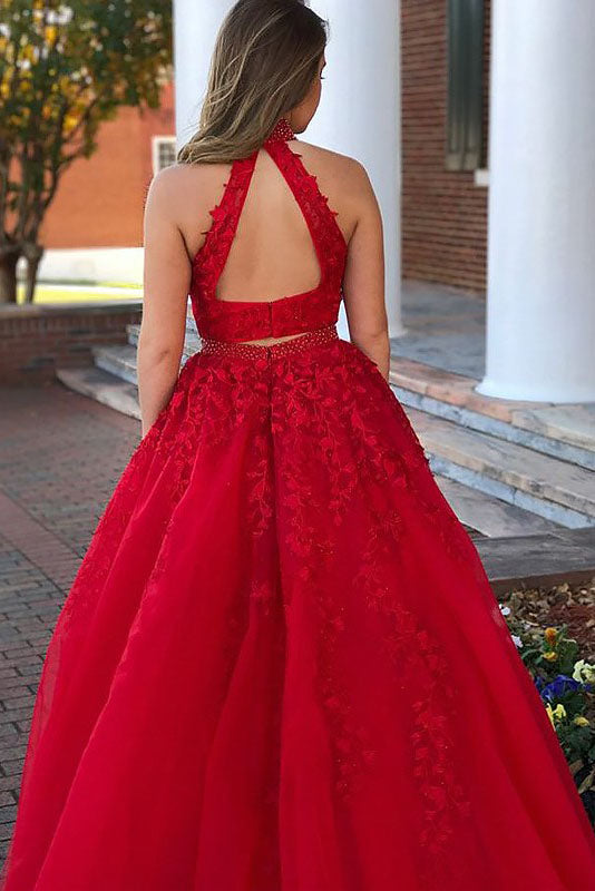 A Line Two Piece Sleeveless Beading Appliques Tulle Long Prom Dresses N753
