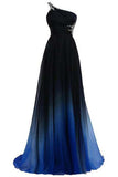 Ombre A Line One Shoulder Beading Chiffon Prom Dresses Gradient Formal Dresses N732