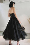 Black Strapless Tulle Puffy Homecoming Dresses Ankle Length Prom Dresses