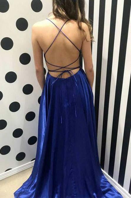 Royal Blue Spaghetti Strap Formal Dresses with Side Slit Sexy Sleeveless Long Prom Dresses N1616