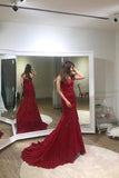 Sexy Trumpet Red Strapless Sweep Train Lace Prom Dresses N434