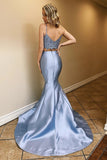 Two Piece Satin Prom Dresses with Lace Spaghetti Straps Mermaid Long Party Dresses N2621