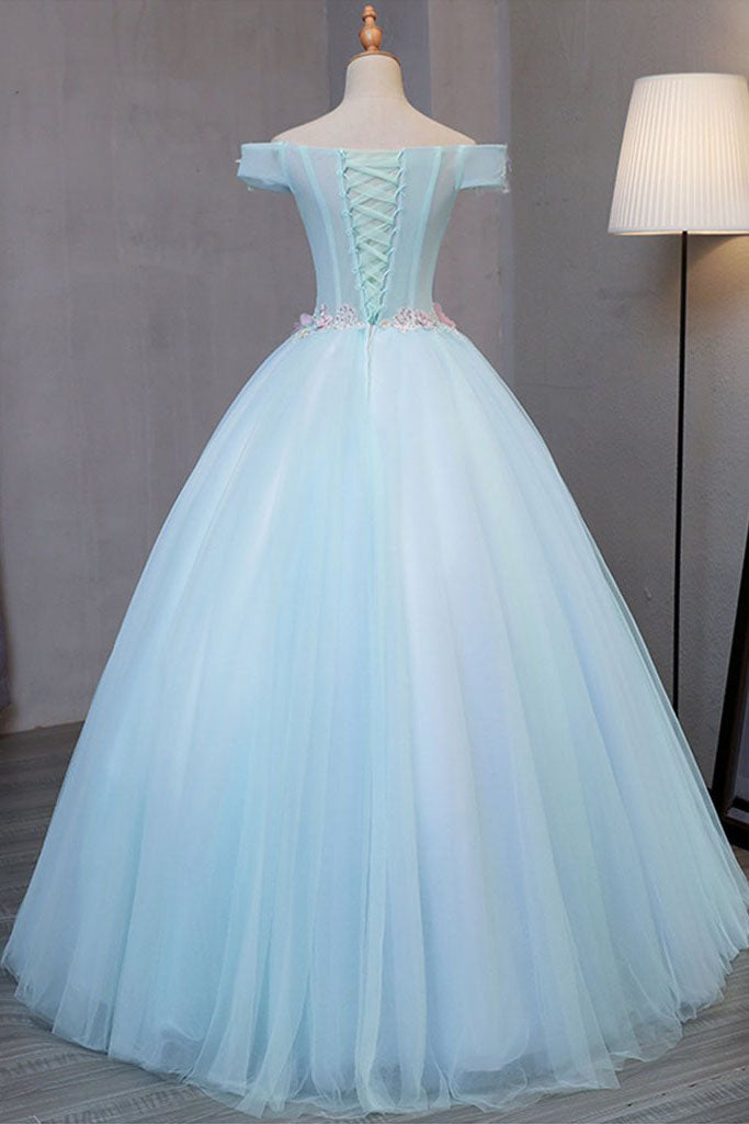 Sky Blue Tulle Princess Off Shoulder Long Prom Dresses Quinceanera Dressesses with Flowers N1831