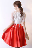 Red Knee Length Satin Homecoming Dresses with Short Sleeves Short Prom Dresses with Lace N2224