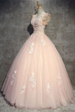 Light Peach Tulle Long Prom Dresses with Flowers Princess Ball Gown Sheer Neck Party Dresses N2202