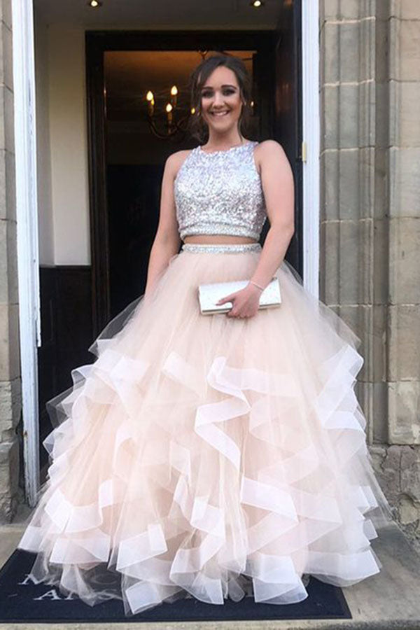 Sparkly Two Piece Long Prom Dress with Open Back, Sequined Tulle Party Dresses N1244