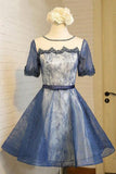 A-Line Crew Knee-Length Short Sleeves Lace Homecoming Dress,Fashion Graduation Dress,N324