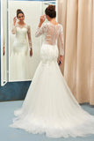 Ivory Sweep Train Applique Tulle Long Sleeves Wedding Dresses Elegant Bridal Dresses N849