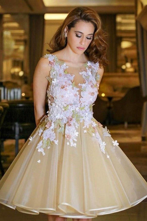A-line V neck Backless Homecoming Dress with Flowers,Appliqued Sleeveless Junior Dresses,N238
