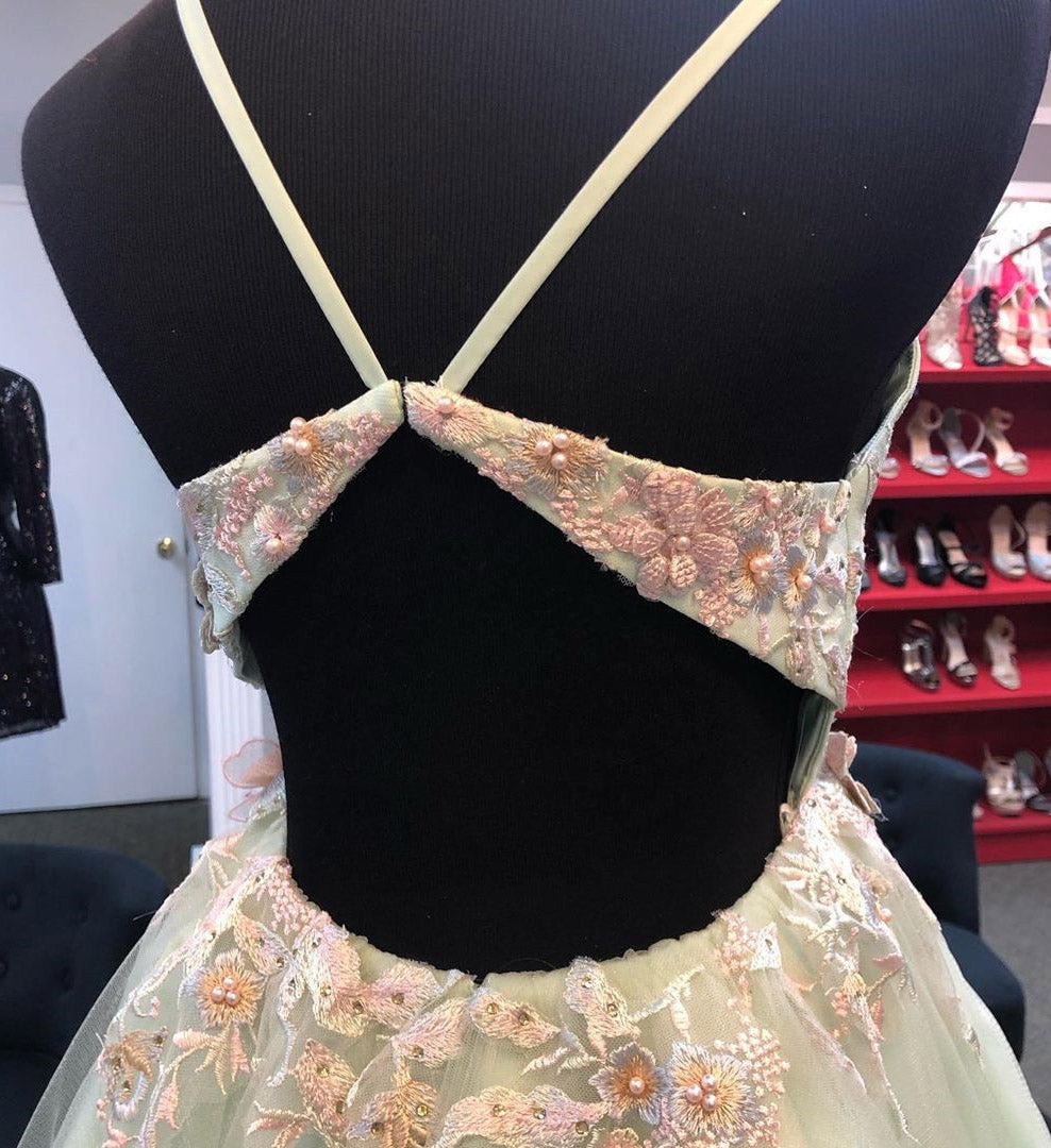 Mint Green Floral Appliques Tulle Homecoming Dresses with Pearls N2102