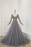 A Line V Neck Long Sleeves Tulle Gray Prom Dress with Beading, Cheap Party Dresses N2576