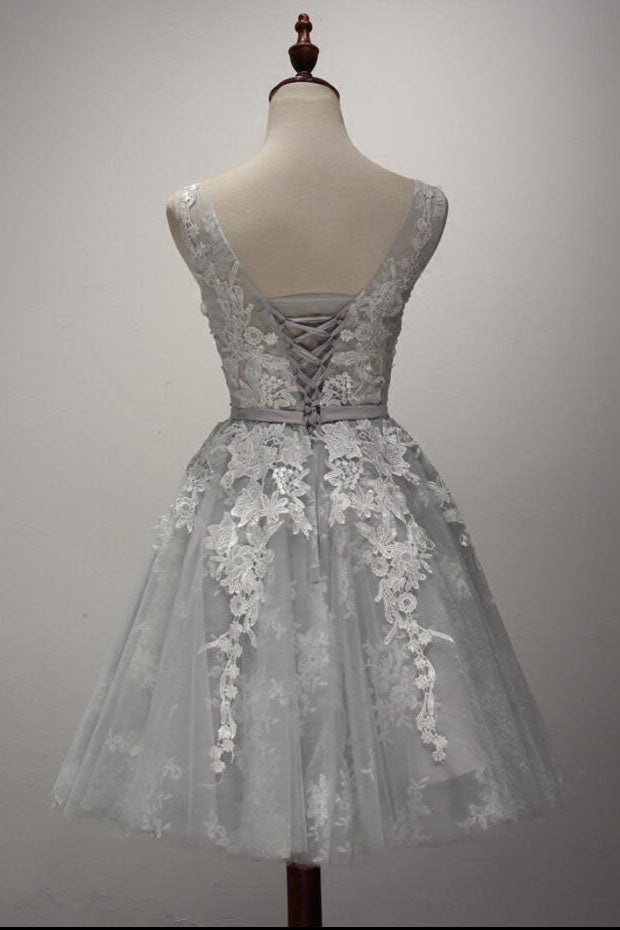 Silver Grey Appliques Sleeveless Short Homecoming Dress, Short Prom ...