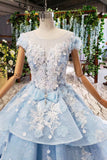 Light Sky Blue Gorgeous Prom Dresses with Flowers Ball Gown Quinceanera Dresses with Beads N2197