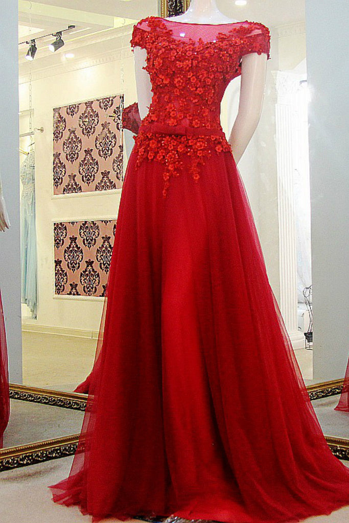Red Cap Sleeves Appliques Tulle Prom Dresses