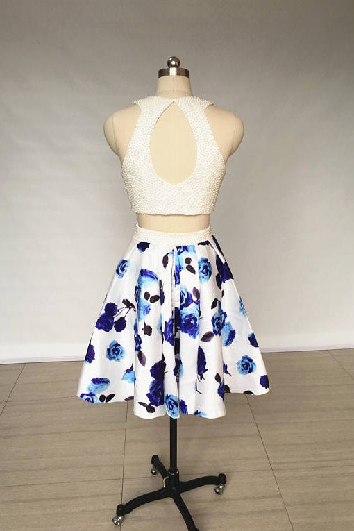 Two Piece Ivory Jewel Floral Print Satin Short Homecoming Dresses with Pearls