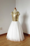 A Line Floor Length Ivory Tulle Flower Girl Dress with Gold Sequin Flower Girl Dress F032