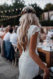 Boho Mermaid Lace Beach Wedding Dresses Cap Sleeve Bohemian Bridal Gown