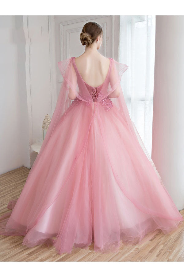 Ball Gown V-Neck Appliques Beading Floor-Length Quinceanera Ball Gown Tulle Prom Dress N1224
