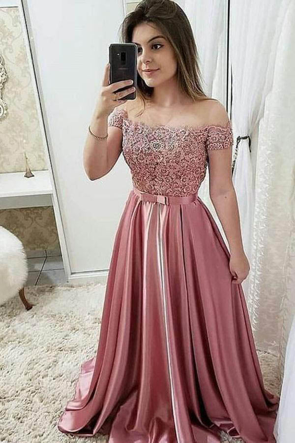Burgundy Off Shoulder Satin Prom Dresses with Lace A Line  Formal Dresses N1571