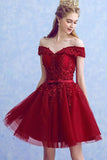 Burgundy Off the Shoulder Lace Tulle Homecoming Dresses