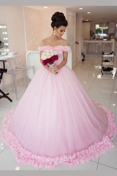Pink Ball Gown Princess Off-shoulder Hand-Made Flower Wedding Dress,Quinceanera Dresses,N479