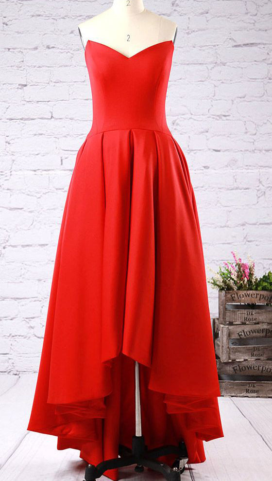 Red Sweetheart High-low Strapless Red Prom Dresses With Ruffles