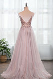 Dusty Pink Spaghetti Straps Gorgeous Beading Tulle Split Prom Dresses