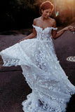 White Off the Shoulder Lace Beach Wedding Dresses Rustic Boho Wedding Dresses N2264