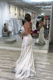Spaghetti Straps Mermaid V-Neck Backless Lace Wedding Dresses with Train N2504