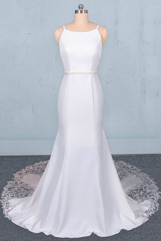 Simple Mermaid Sleeveless Wedding Dress with Lace, Sexy Backless Bridal Dress N2355
