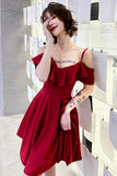 Burgundy Straps Off the Shoulder Knee Length Homecoming Dresses with Ruffles N1960