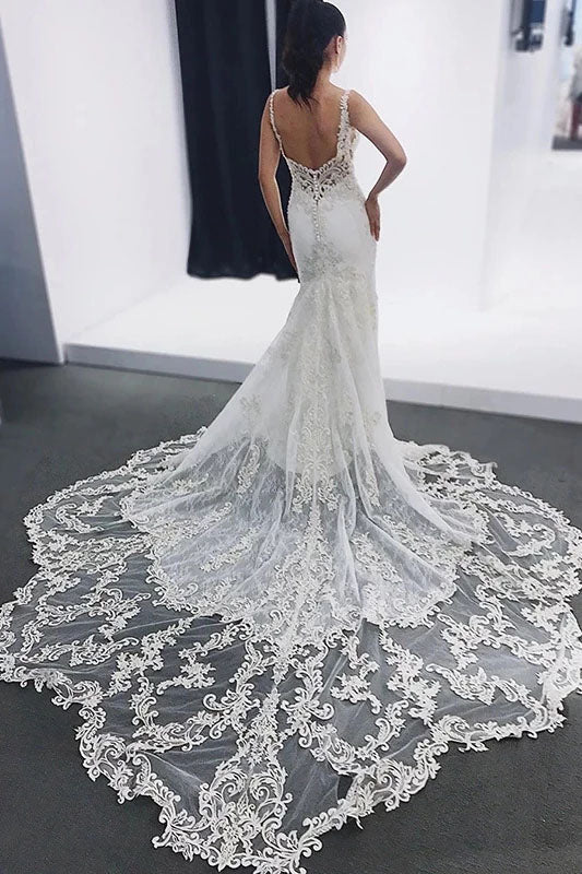 Straps Mermaid Sleeveless Lace Appliques Beach Wedding Dresses with Lace N2358