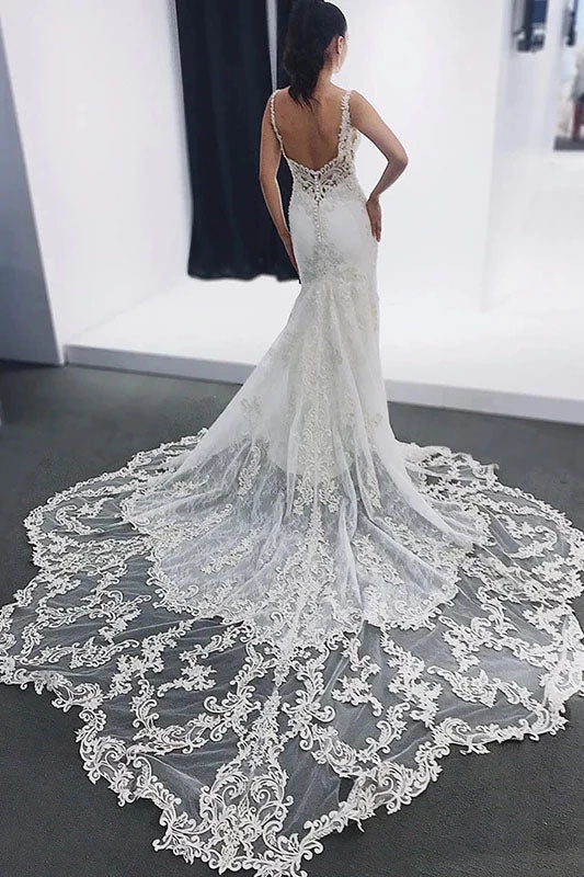 Straps Mermaid Sleeveless Lace Appliques Beach Wedding Dresses with Lace N2358