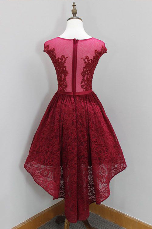 A Line High-Low Round Neck Sleeveless Lace Homecoming Dresses N1075