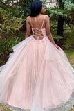 Spaghetti Straps Tulle Long Prom Dresses with Lace Appliques New Pink Long Party Dresses N2466